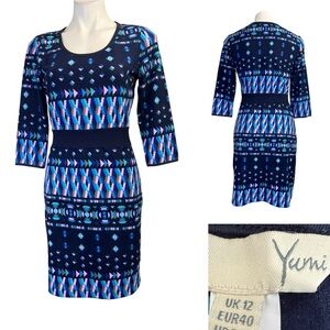 Yumi sweater dress sz 6/8‎ Blue Patterned 3/4 sleeve office casual fall